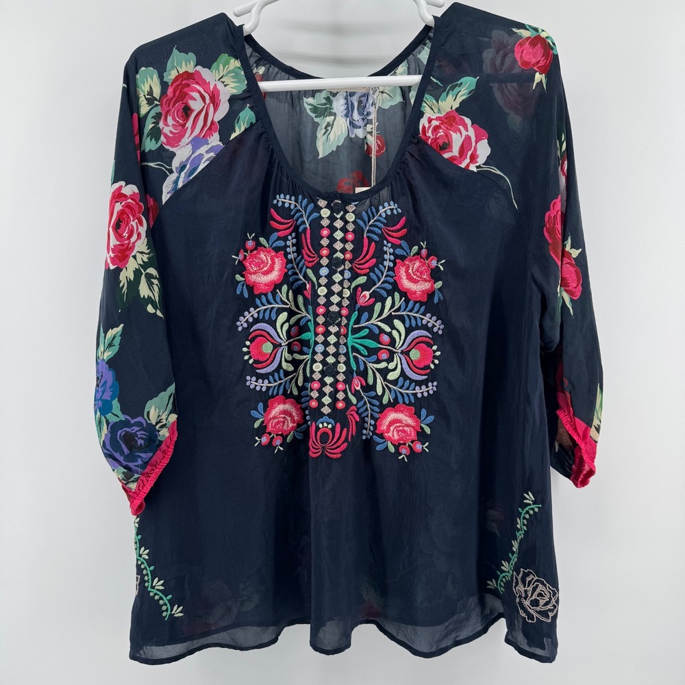 Johnny Was Rosey Blouse Womens XL Navy Blue Floral Embroidered Cupra NEW